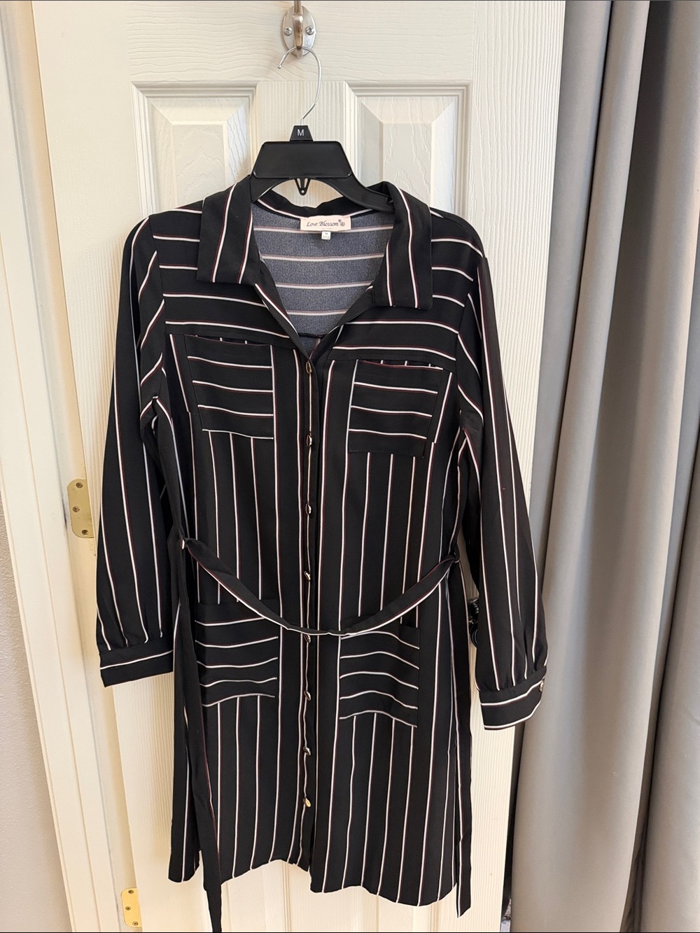 Love Blossom Black Long-Sleeve Striped Shirt Dress with Pink Pinstripes